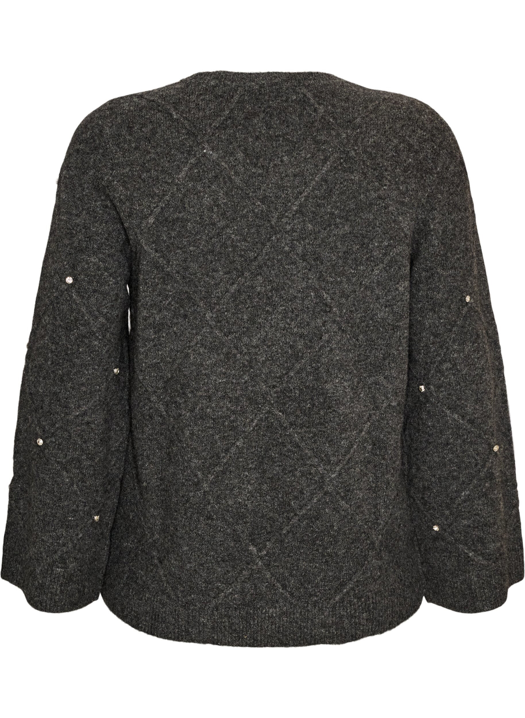 ZizzifashionKnitted blouse with rhinestones and diamond pattern, Dark Grey, Packshot image number 1