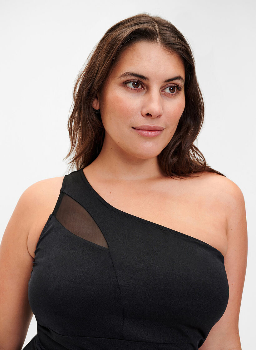One-shoulder swimsuit with mesh details, Black, Model image number 2