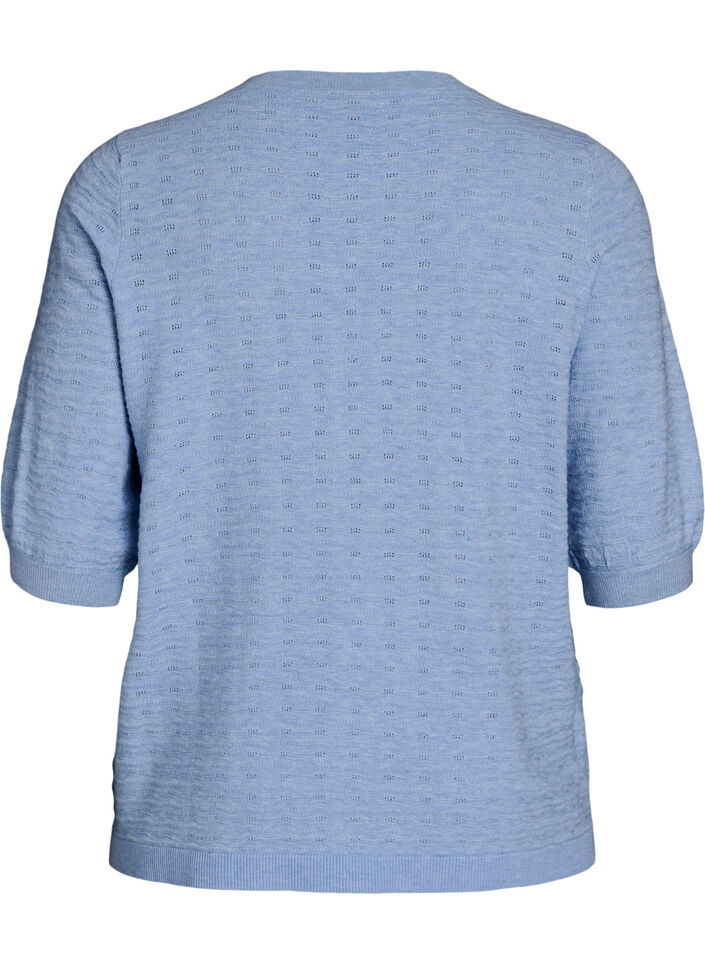 Knitted blouse with textured pattern and short sleeves, Light Blue, Packshot image number 1