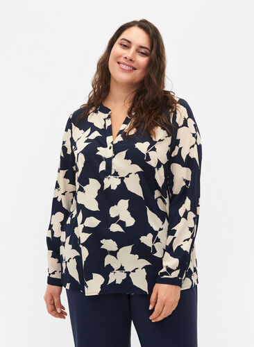 FLASH - Long sleeve blouse with print, Blue White Flower, Model image number 0