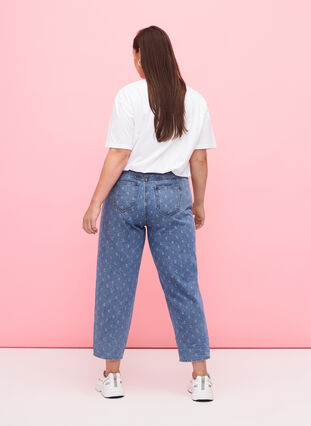 Cropped jeans with print and high waist, Blue denim, Model image number 1