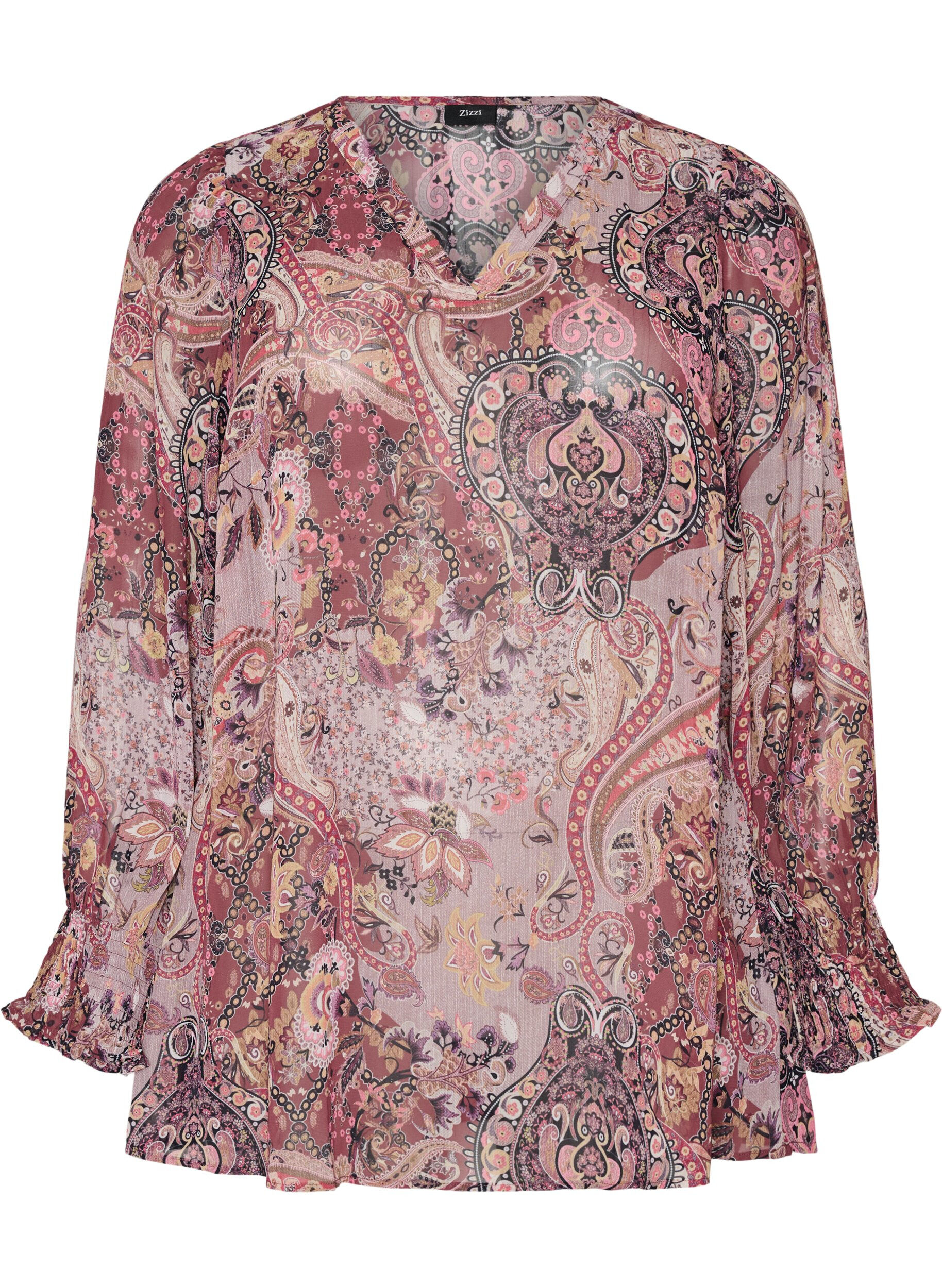 ZizzifashionTunic with paisley print and smocked cuffs, Rose, Packshot image number 0