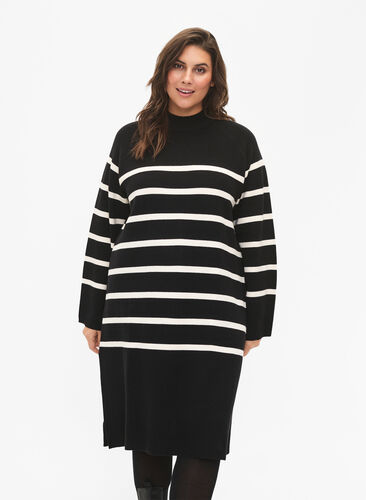 Striped knit dress with turtleneck, Black Comb, Model image number 0