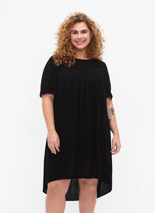 Viscose dress with lace band, Black, Model image number 0