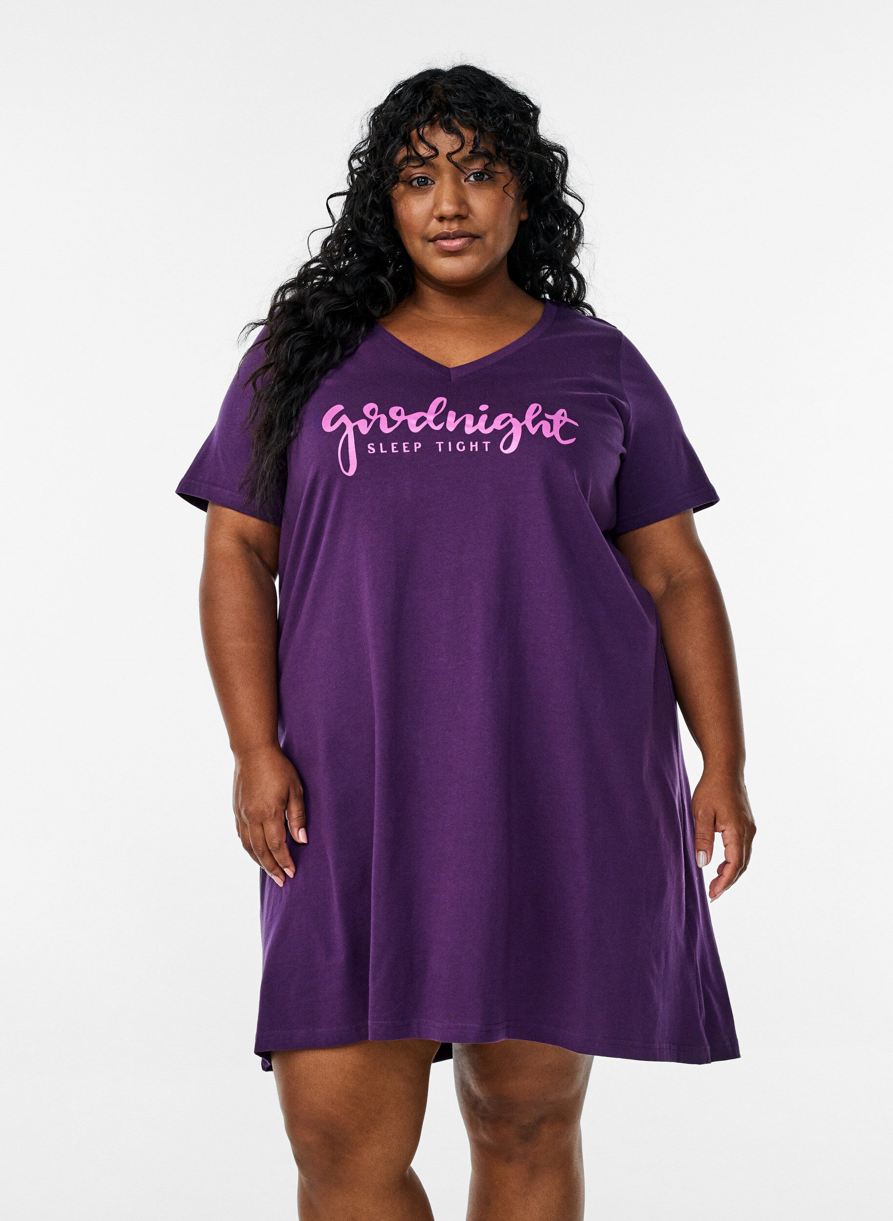 Zizzifashion Organic cotton nightdress with V-neck, Purple, Model image number 0
