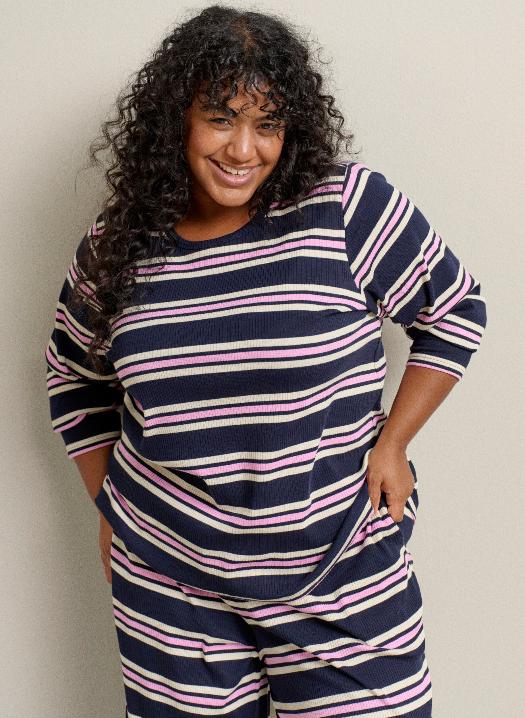 ZizzifashionStriped pyjama bottoms with wide legs, Blue, Image image number 0
