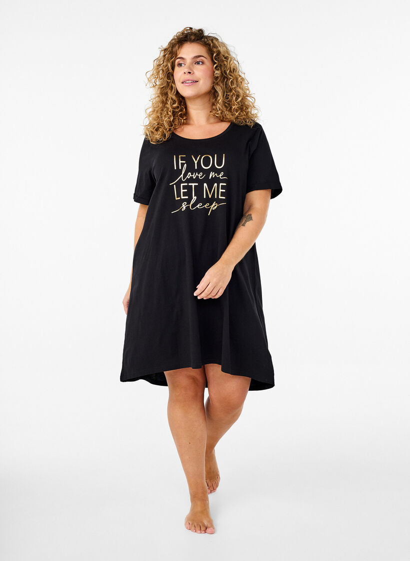 Short-sleeved nightgown in organic cotton, Black, Model image number 1