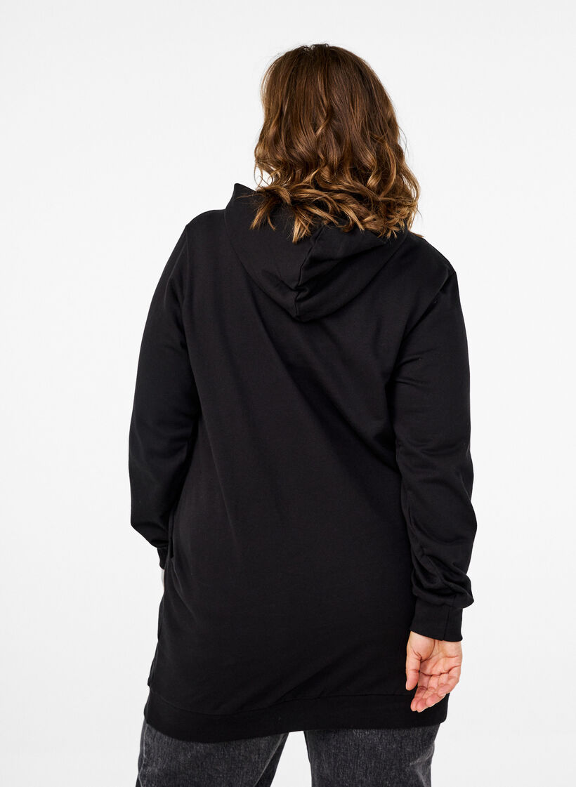 Sweat tunic with hood and zip, Black, Model image number 1