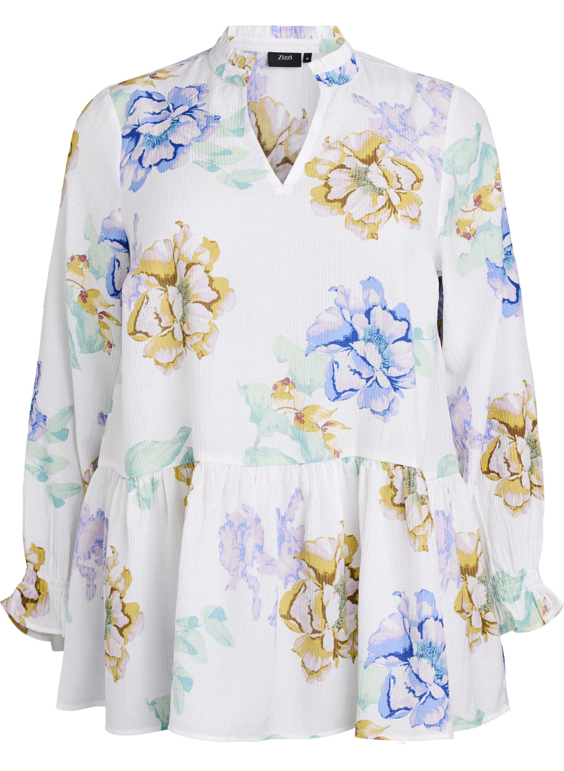 Zizzifashion Pleated tunic with long sleeves and floral print, White, Packshot image number 0