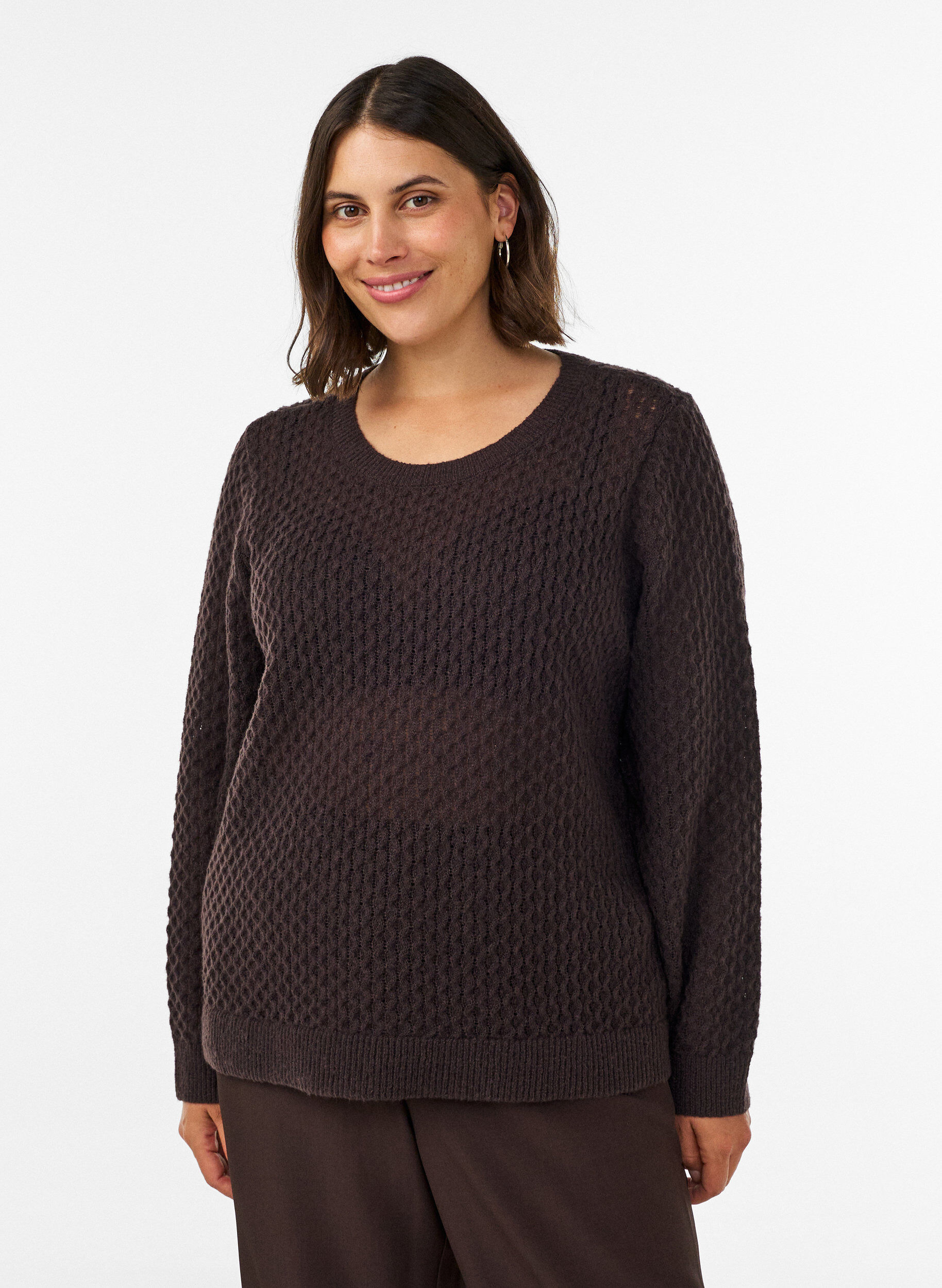 ZizzifashionKnitted blouse with a textured openwork pattern, Brown, Model image number 0