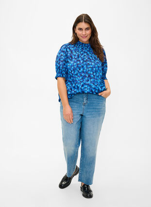Short-sleeved smock blouse with print, Navy Blazer Leaf AOP, Model image number 2