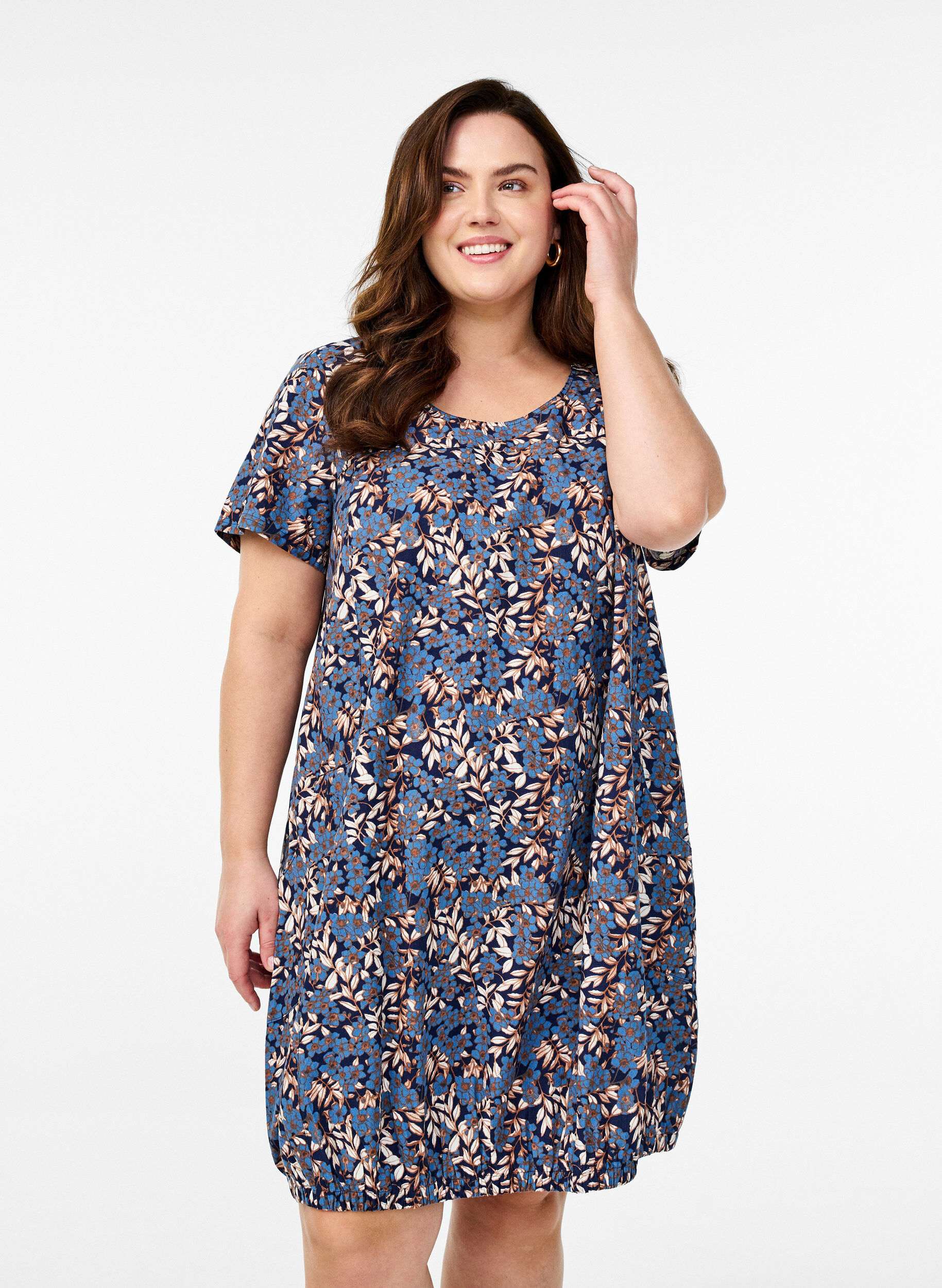 Zizzifashion Short-sleeved cotton dress with print, Blue, Model image number 0