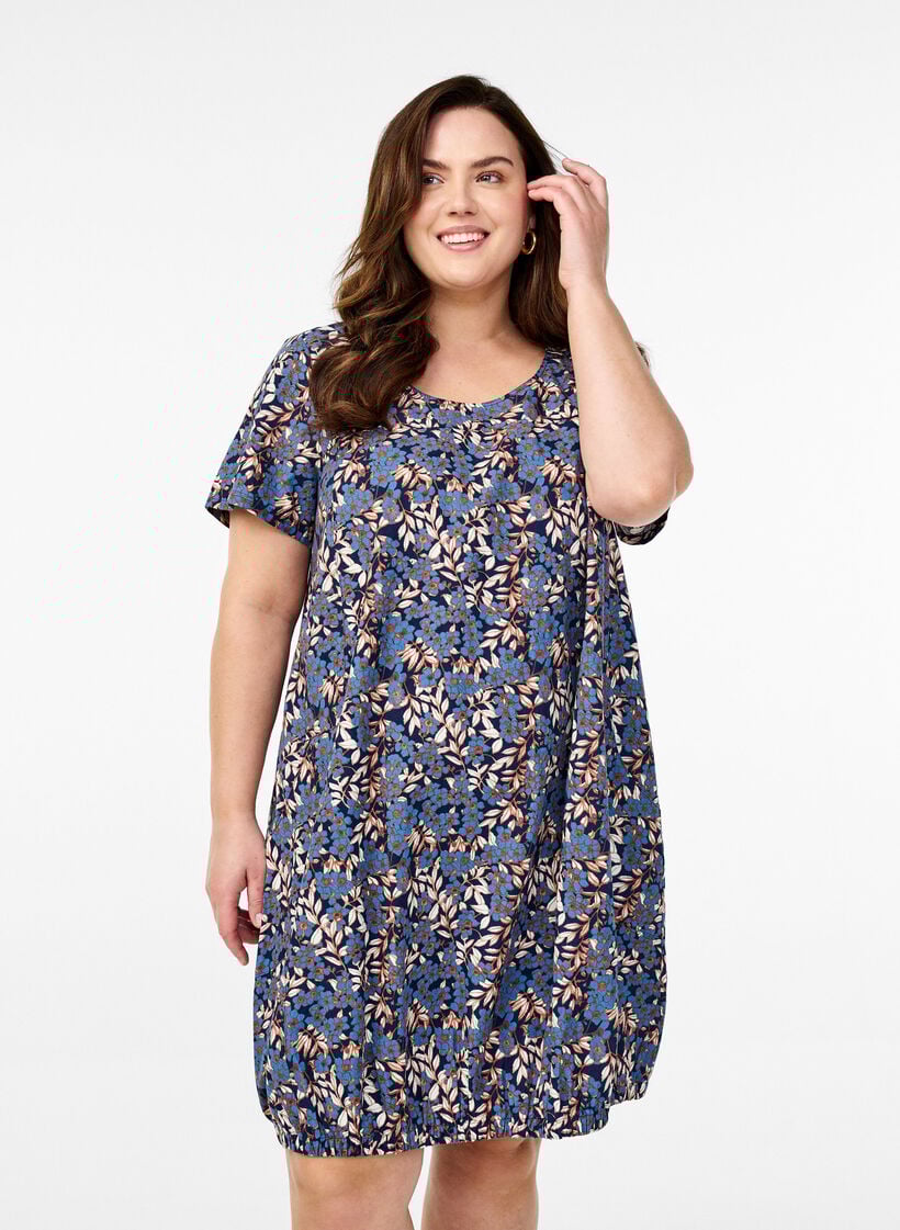 Short-sleeved cotton dress with print, Blue, Model image number 0