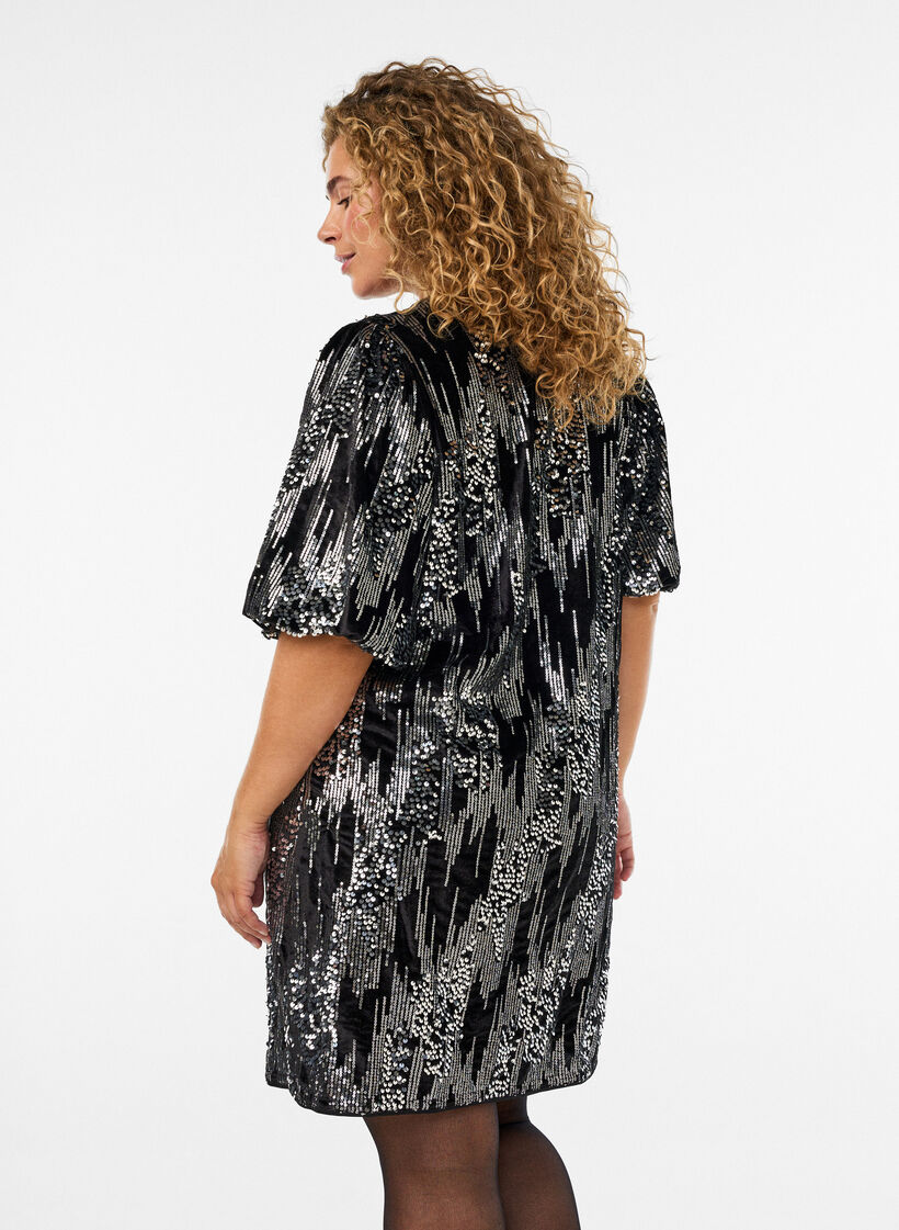 Short sequin dress with balloon sleeves, Black, Model image number 1