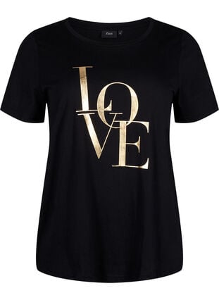 Cotton T-shirt with gold-colored text, Black w. Gold Love, Packshot image number 0