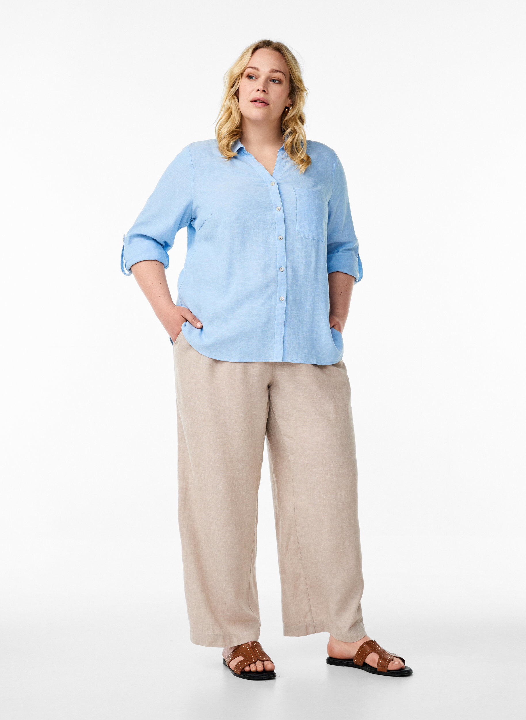 Zizzifashion Shirt in linen and viscose with 3/4 sleeves, Blue, Model image number 1