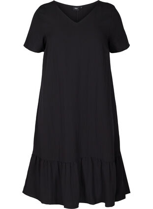 Short-sleeved viscose dress with v-neck, Black, Packshot image number 0