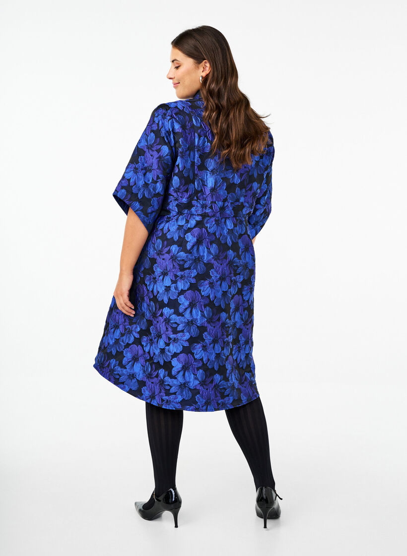 Short jacquard dress with 3/4 sleeves, Black Blue, Model image number 1