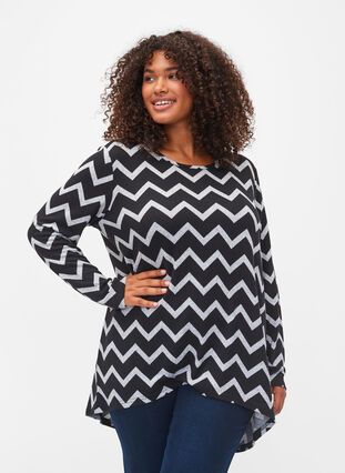 Patterned blouse with long sleeves, LGM Zig Zag AOP, Model image number 0