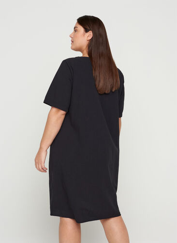 Short-sleeved cotton dress with buttons, Black, Model image number 1