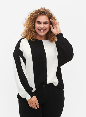 Striped colorblock sweater, Black w. Cloud D., Model image number 0