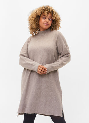 High neck knit dress with slit, Fungi Mel., Model image number 0