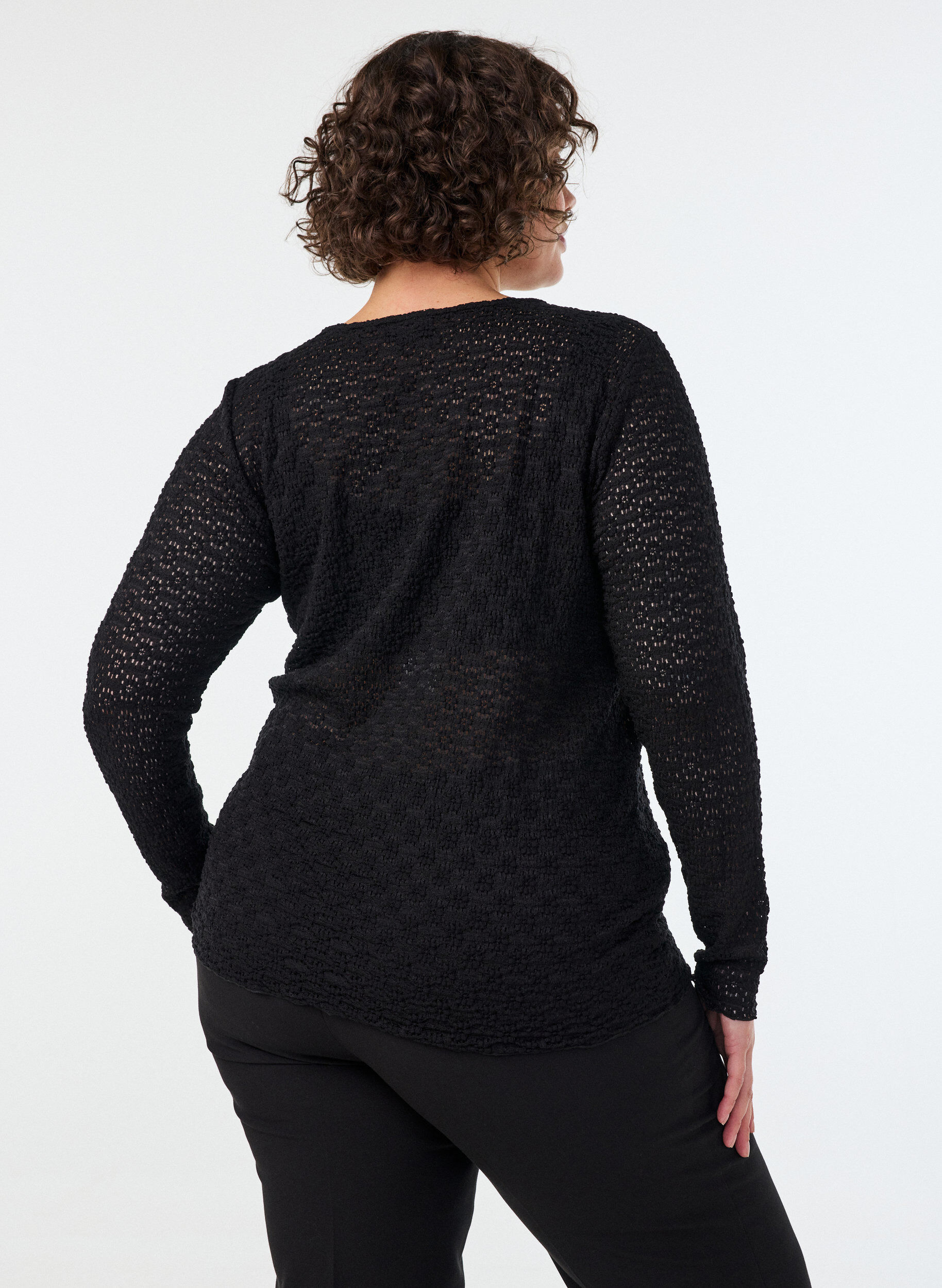 ZizzifashionBlouse with eyelet pattern and long sleeves, Black, Model image number 2