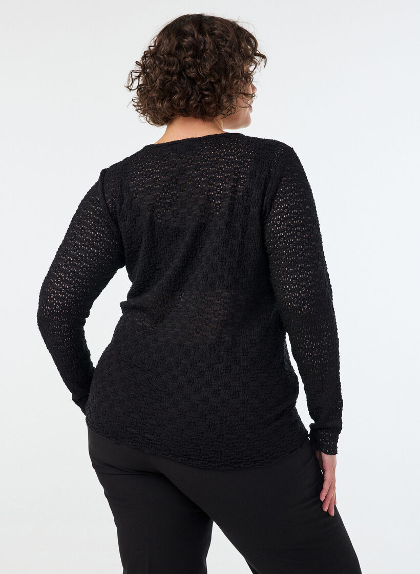 Blouse with eyelet pattern and long sleeves, Black, Model image number 2