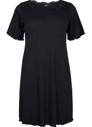 Short sleeve nightdress with lace, Black, Packshot image number 0