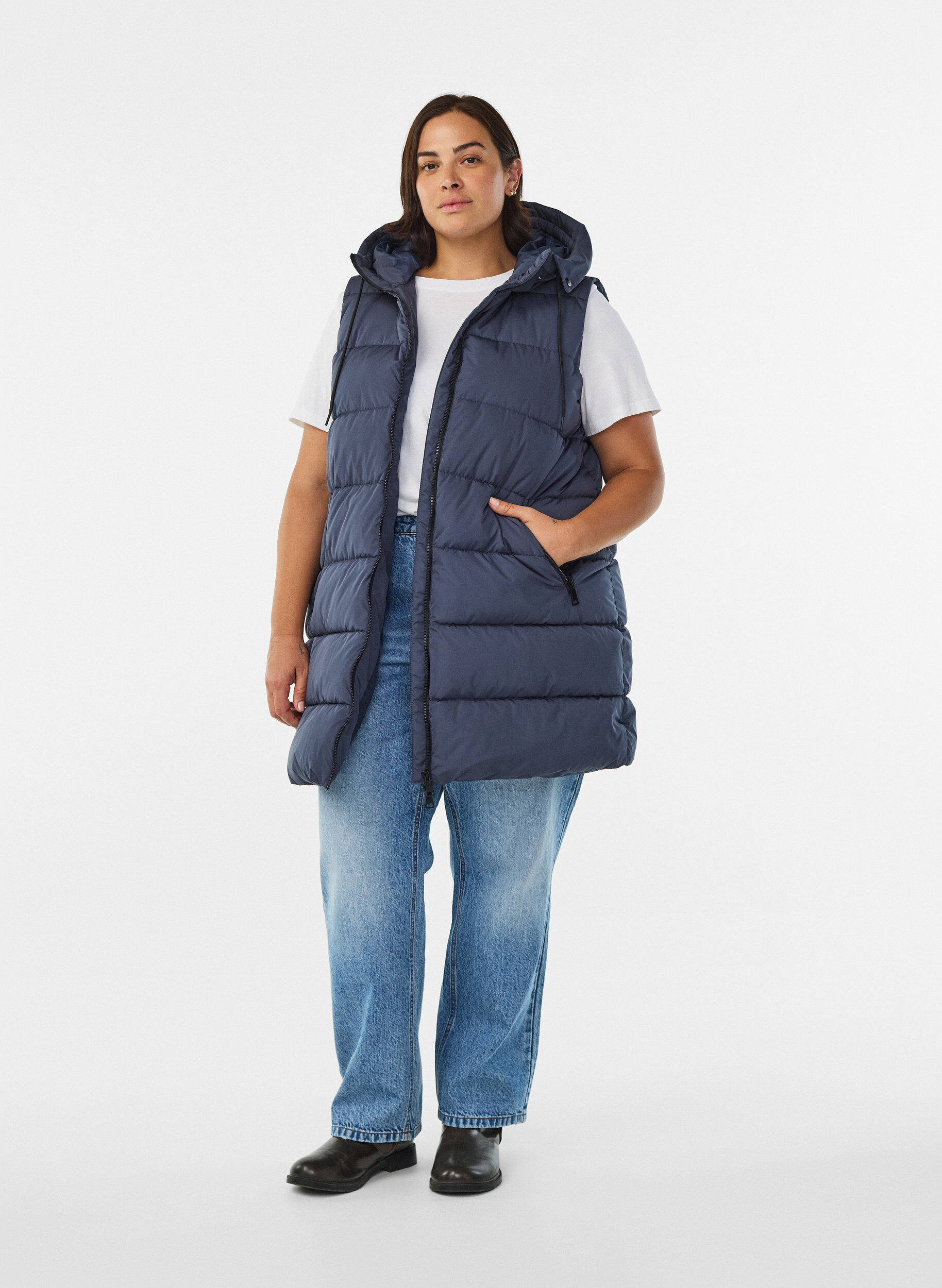 ZizzifashionLong vest with hood and pockets, Blue, Model image number 1