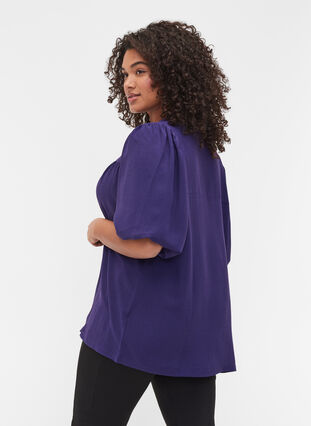 Short-sleeved blouse with a V-neck, Parachute Purple, Model image number 1