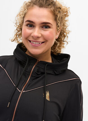 Sports cardigan with hood and zip, Black/Copper Lines, Model image number 2
