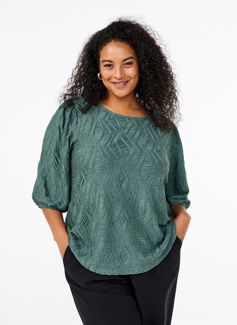 Blouse with texture and 3/4 sleeves, Green, Model image number 0