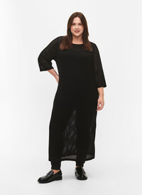 3/4 sleeve dress with knitted lace pattern, Black, Model