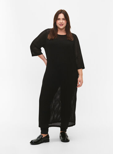 3/4 sleeve dress with knitted lace pattern, Black, Model image number 0