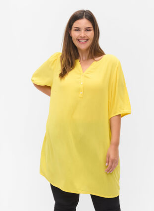 Viscose tunic with V-neck and buttons, Primrose Yellow, Model image number 0