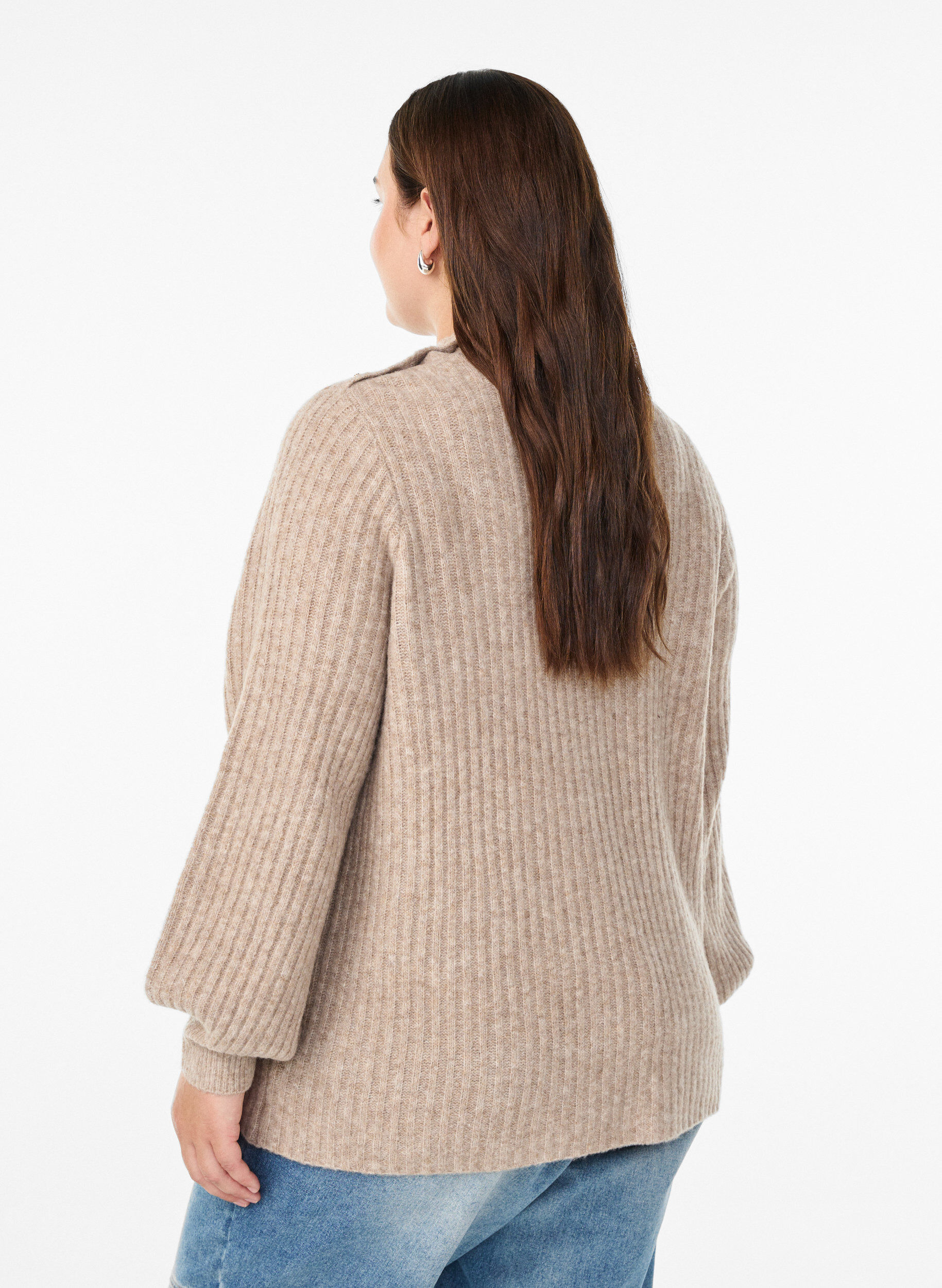 ZizzifashionRibbed jumper with puff sleeves and buttons, Beige, Model image number 2