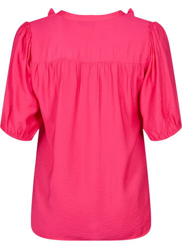 Viscose blouse with puff sleeves and ruffles, Bright Rose, Packshot image number 1