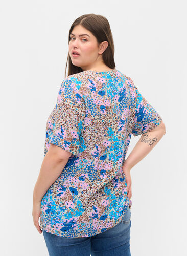 Short-sleeved viscose blouse with floral print, Blue Rose Flower, Model image number 1