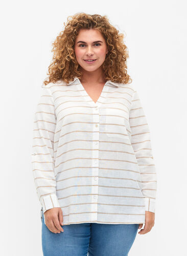 Shirt blouse with button closure in cotton-linen blend, White Taupe Stripe, Model image number 0