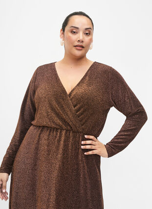 Glitter dress with wrap look and long sleeves, Black Copper, Model image number 2