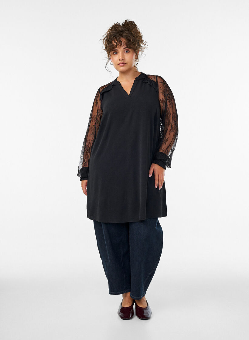 Tunic with sheer lace sleeves, Black, Model image number 1