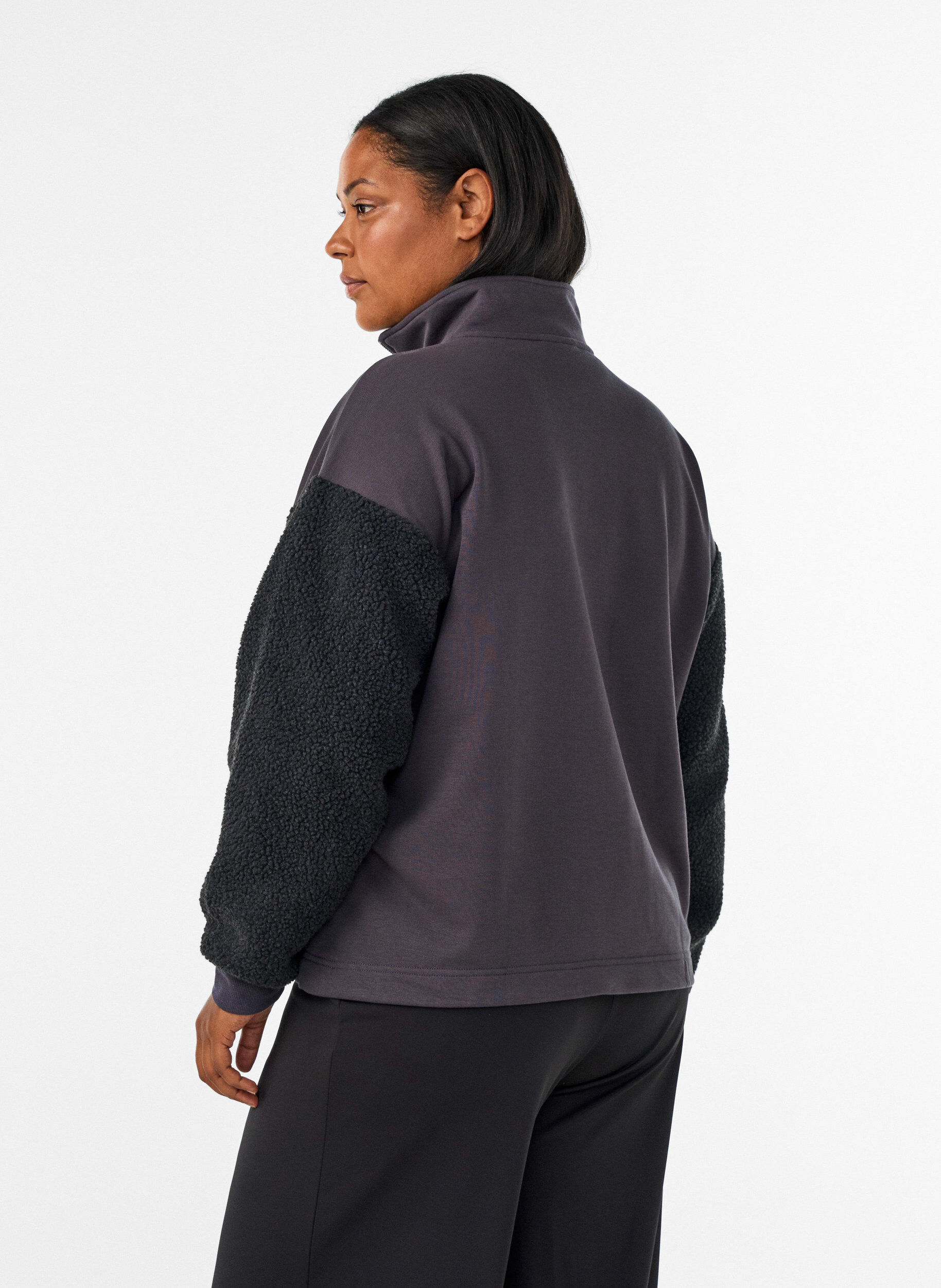 ZizzifashionSweatshirt with teddy sleeves and a high neck, Dark Grey, Model image number 2