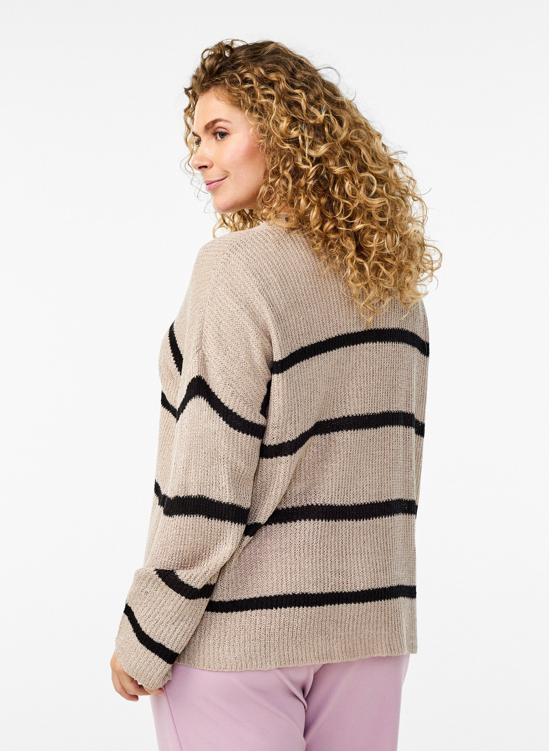 Zizzifashion FLASH - Knitted cardigan with stripes and buttons, Beige, Model image number 2