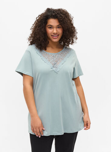 Short-sleeved t-shirt with cotton details, Silver Blue, Model image number 0