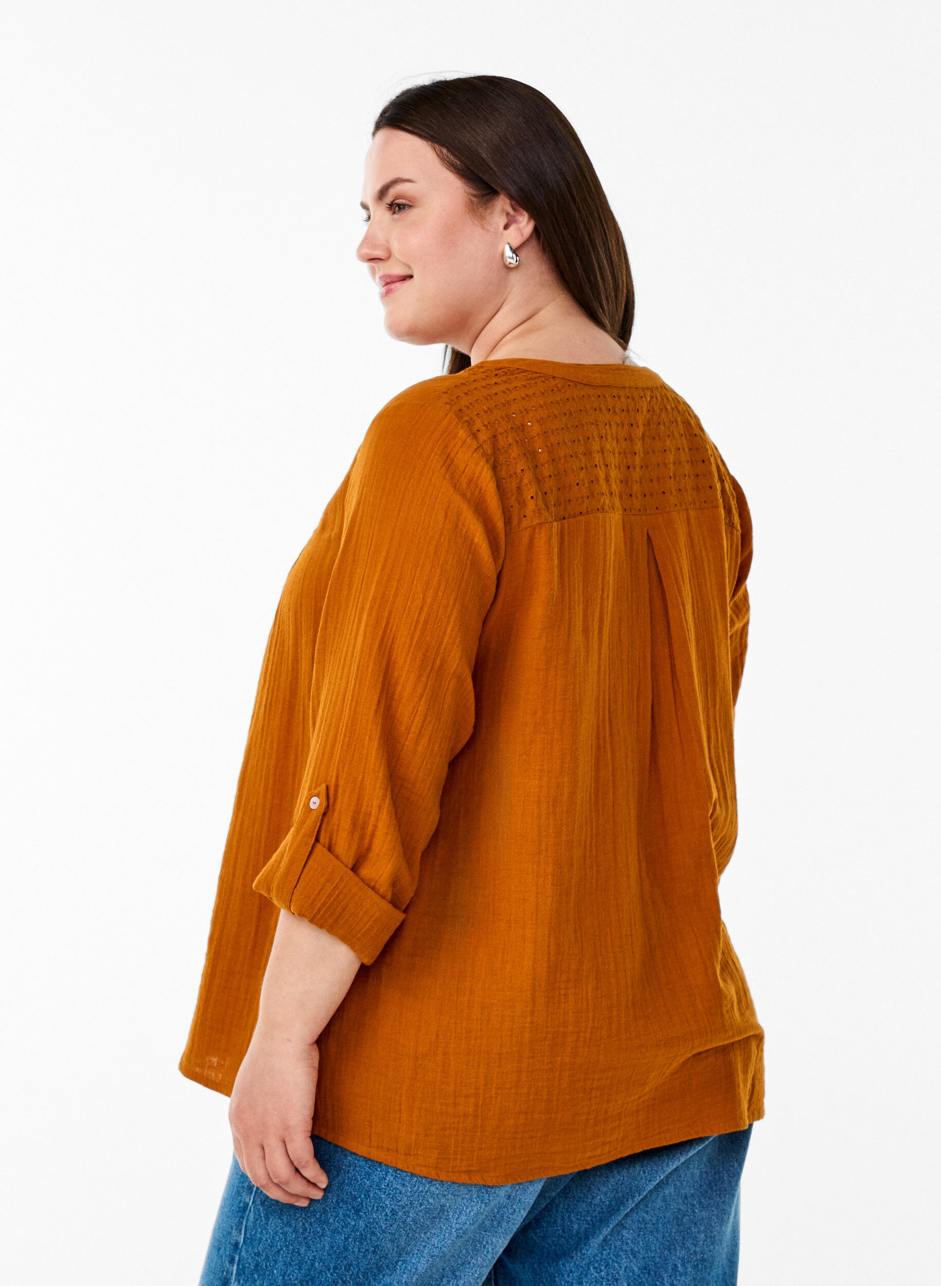 ZizzifashionBlouse in cotton muslin with broderie anglaise, Orange, Model image number 2