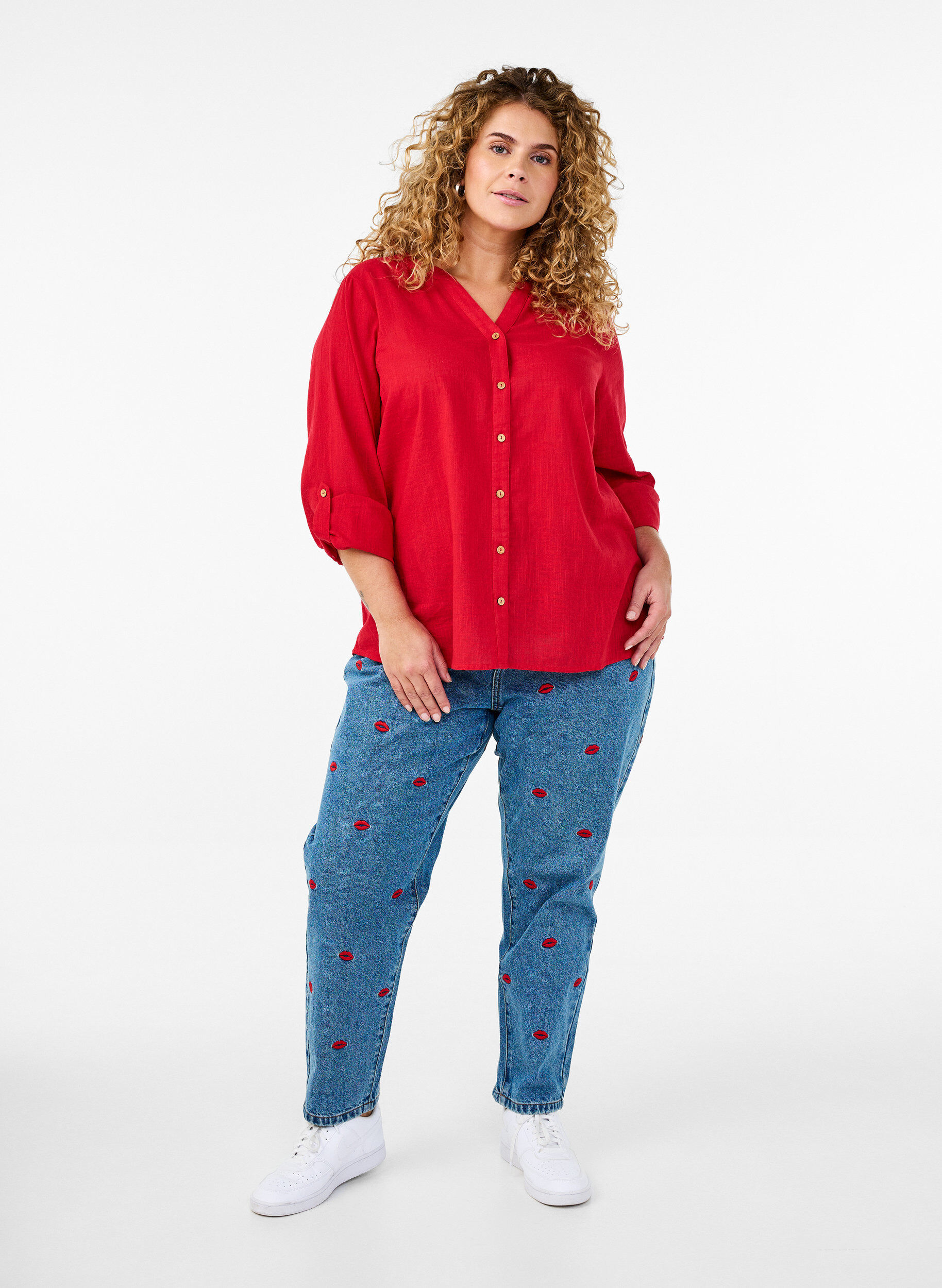 ZizzifashionCotton shirt blouse with a v-neck, Red, Model image number 1