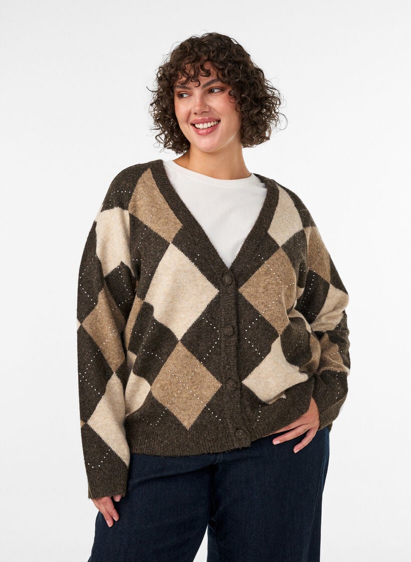 Argyle cardigan with rhinestones, Brown, Model image number 0