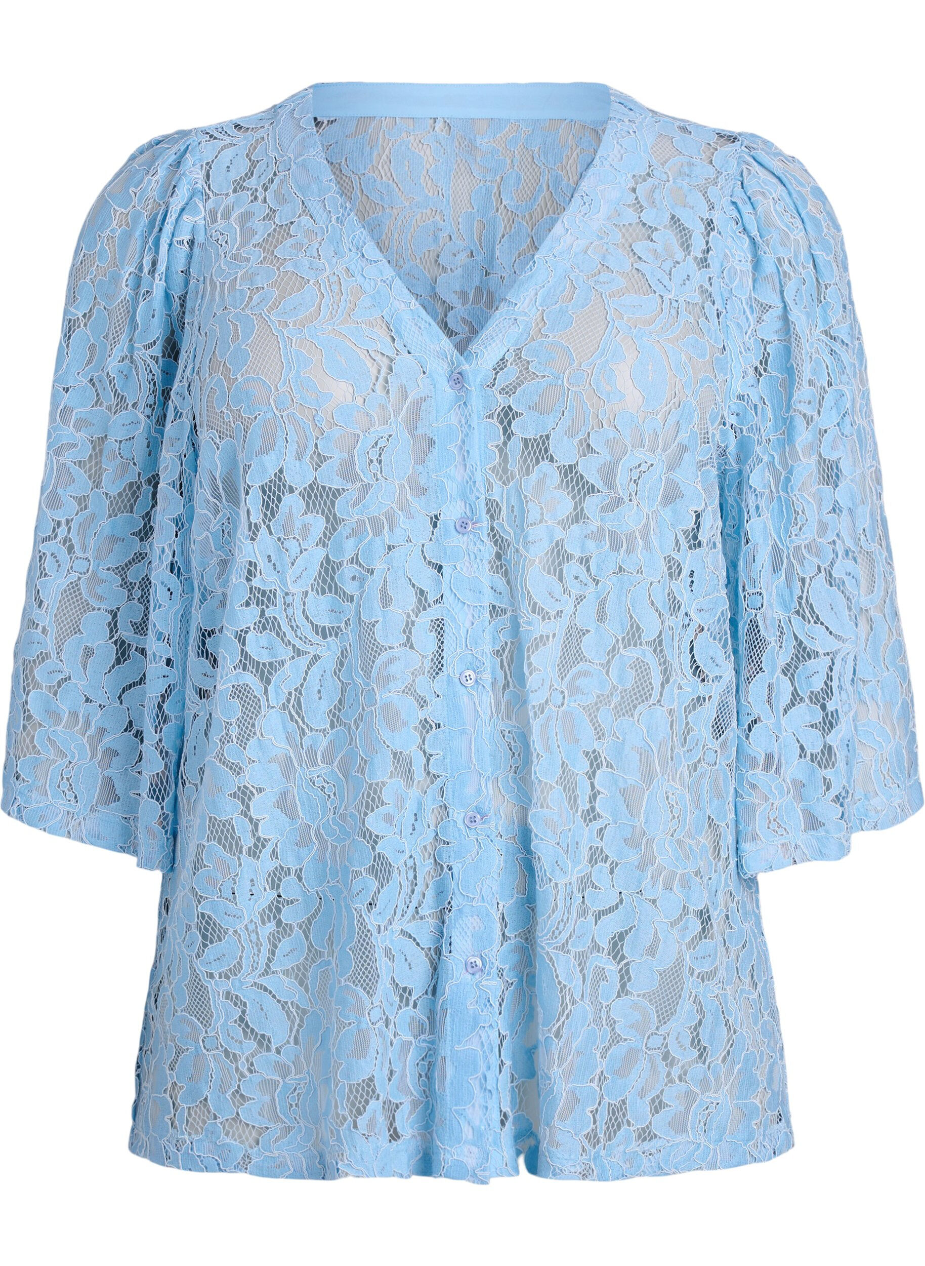 Short-sleeved lace blouse with V-neck