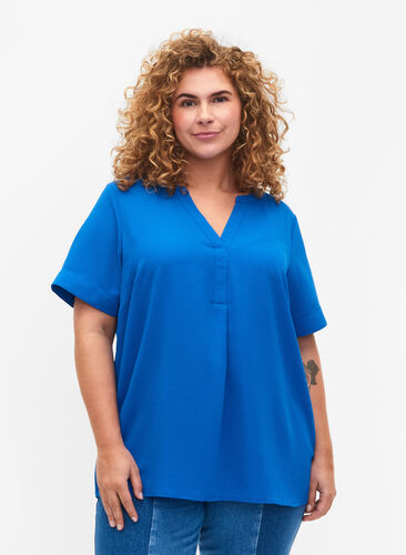 Short-sleeved v-neck blouse, Victoria blue, Model image number 0